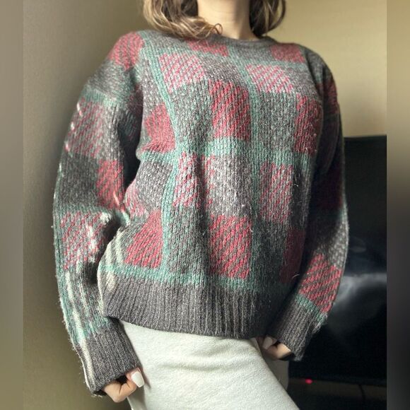 Vintage Chunky Wool Knit‎ Grandpa Sweater Sz L Made in Italy Plaid Print Boxy - Picture 2 of 7